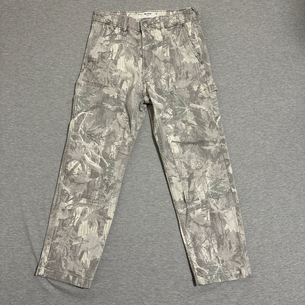 Hollister Loose Carpenter Pants Double Knee Leaf Print Camo Gray Womens 28x27